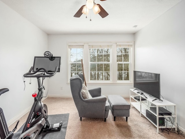 workout area featuring carpet flooring, ceiling fan, and baseboards