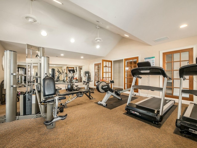 workout area featuring carpet floors, recessed lighting, and high vaulted ceiling