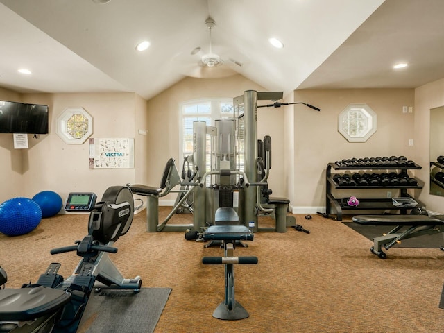 workout area featuring lofted ceiling, baseboards, and recessed lighting