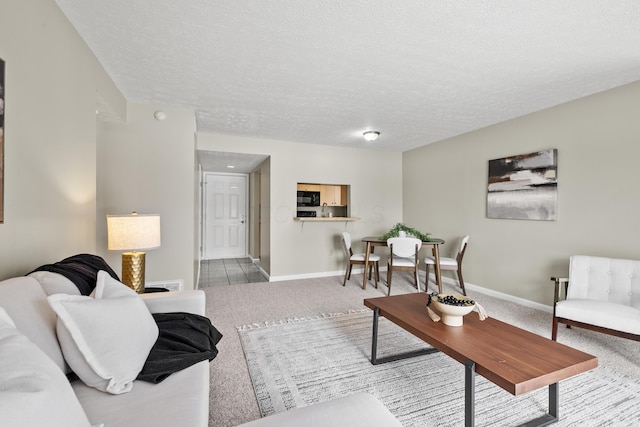 carpeted living room featuring baseboards and a textured ceiling