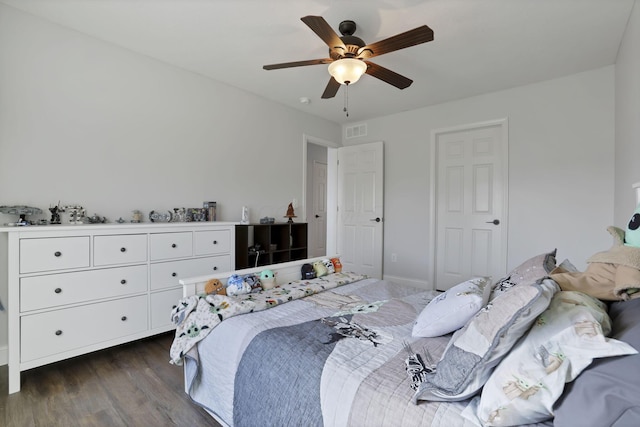 bedroom with dark wood-style floors, ceiling fan, and visible vents