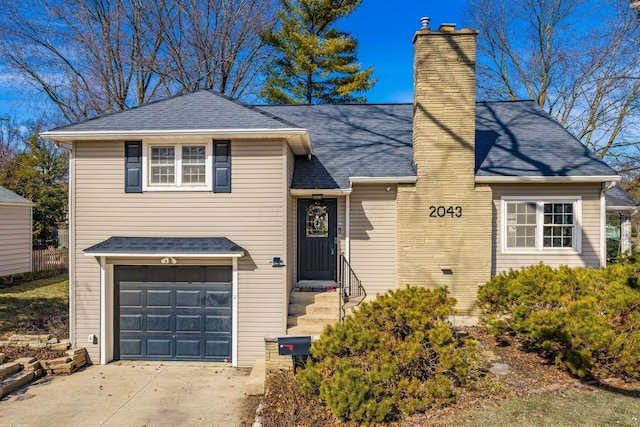 view of front of property featuring roof with shingles, driveway, a chimney, and an attached garage