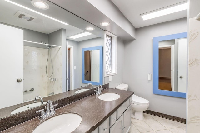 full bathroom with a shower, visible vents, a sink, and toilet