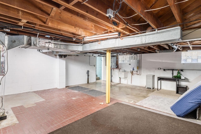 unfinished basement with water heater and electric panel