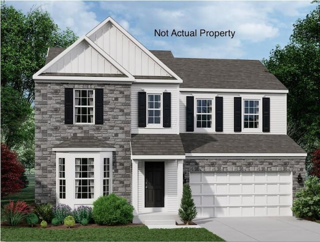 view of front of house with board and batten siding, an attached garage, driveway, and a shingled roof