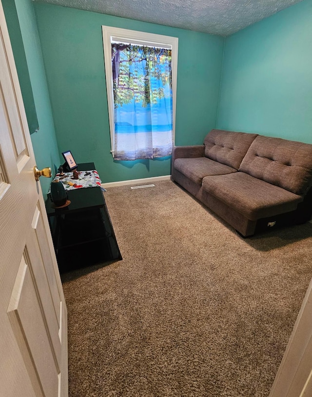 carpeted living room featuring baseboards and a textured ceiling