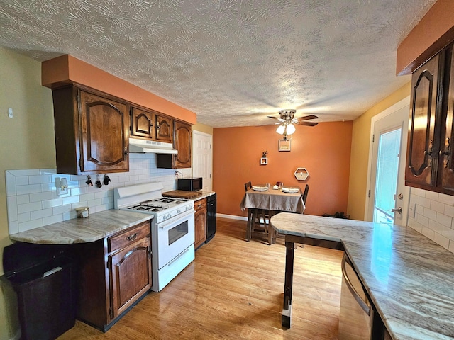 kitchen featuring backsplash, under cabinet range hood, light wood-type flooring, light countertops, and black appliances