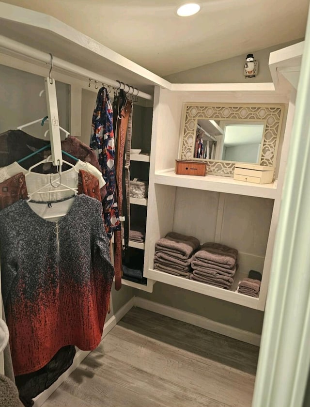 walk in closet with lofted ceiling and wood finished floors