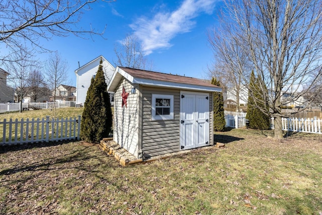 view of shed with a fenced backyard