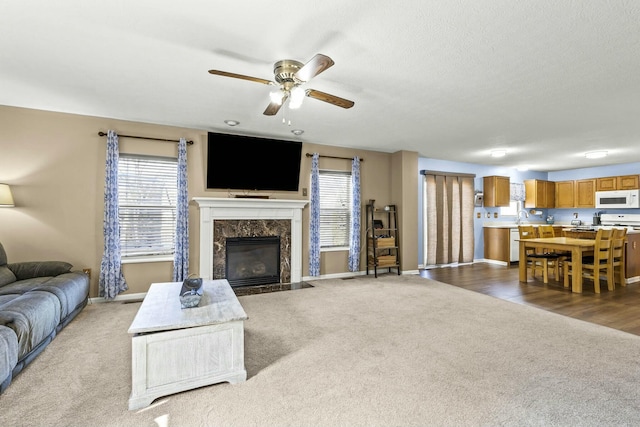 living room featuring a high end fireplace, a healthy amount of sunlight, light carpet, and baseboards