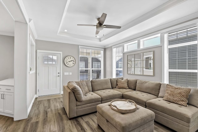 living room with crown molding, a raised ceiling, a ceiling fan, light wood-type flooring, and baseboards