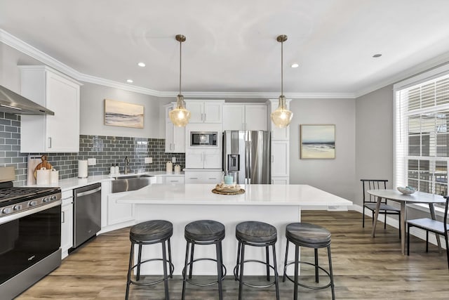 kitchen with a kitchen island, white cabinetry, stainless steel appliances, and light countertops