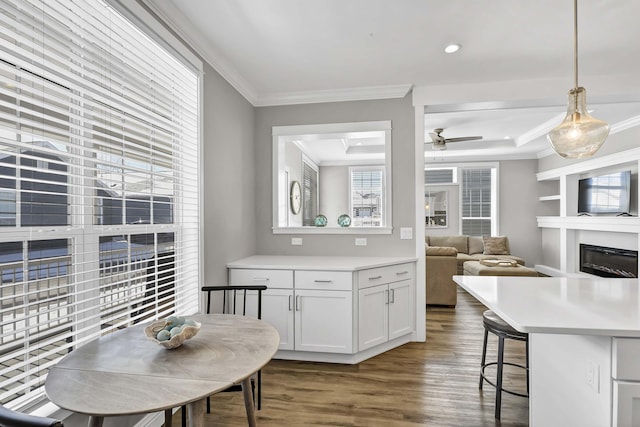 kitchen featuring white cabinets, ornamental molding, open floor plan, light countertops, and pendant lighting