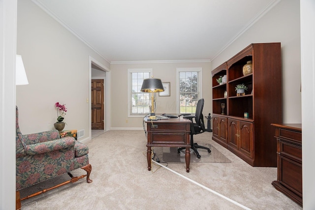 home office featuring crown molding, baseboards, visible vents, and light carpet