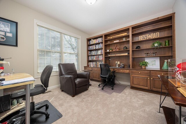 office with light colored carpet and baseboards