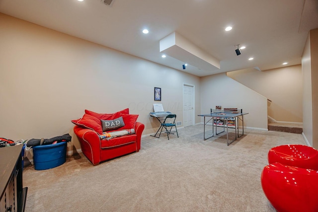 game room featuring carpet flooring, recessed lighting, and baseboards