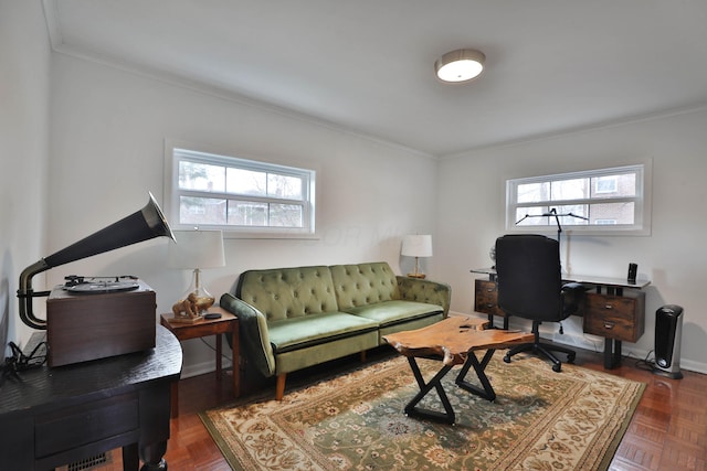 office area featuring ornamental molding and baseboards