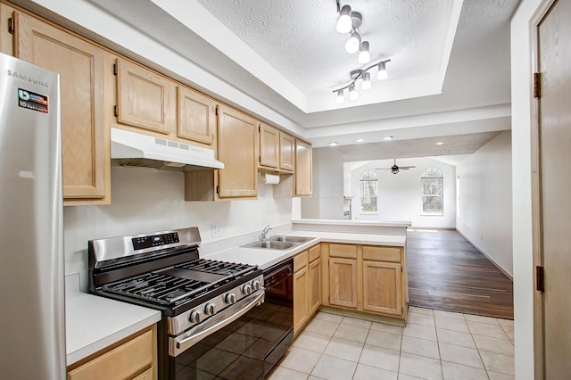 kitchen with appliances with stainless steel finishes, light countertops, light brown cabinetry, under cabinet range hood, and a sink