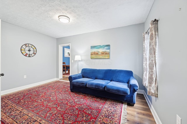 living area with a textured ceiling, baseboards, and wood finished floors