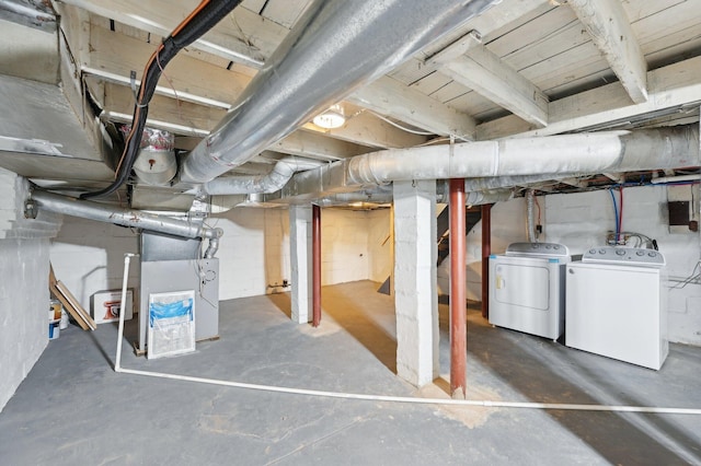 unfinished basement with washer and clothes dryer