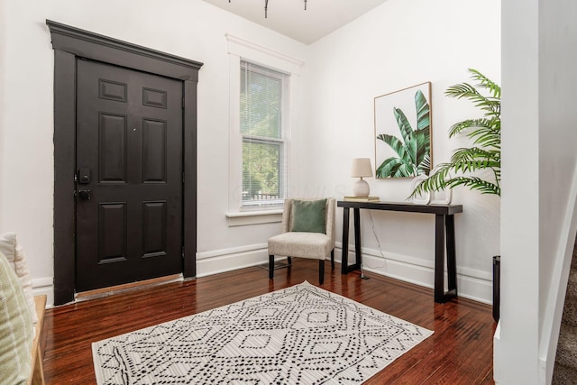 foyer with dark wood-type flooring and baseboards