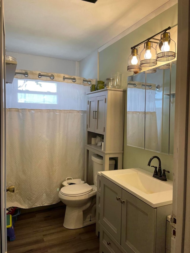 full bath featuring vanity, a shower with shower curtain, wood finished floors, and toilet