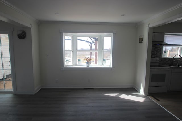 unfurnished dining area featuring ornamental molding, dark wood-type flooring, a sink, and baseboards