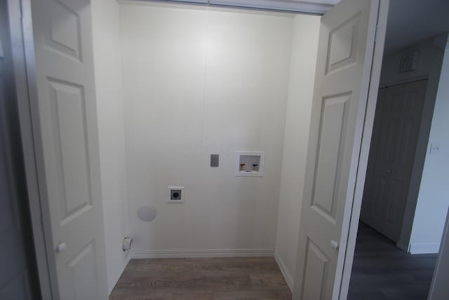 washroom with hookup for a washing machine, laundry area, hookup for an electric dryer, and dark wood-style floors