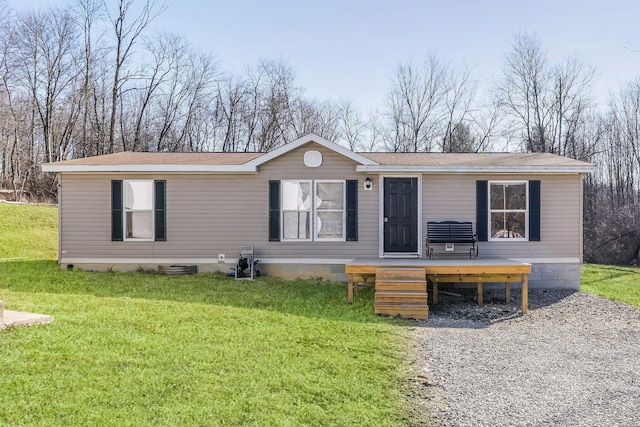 manufactured / mobile home featuring crawl space and a front lawn