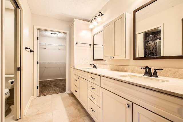 full bathroom featuring double vanity, a textured ceiling, toilet, and a sink