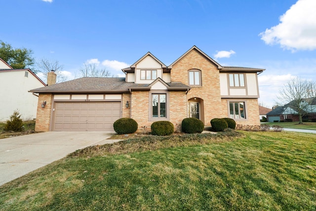 view of front of property with a garage, brick siding, driveway, a chimney, and a front yard