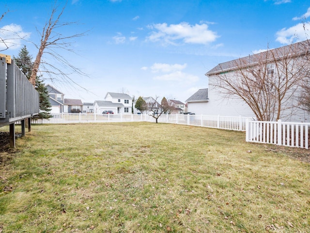 view of yard featuring a fenced backyard and a residential view