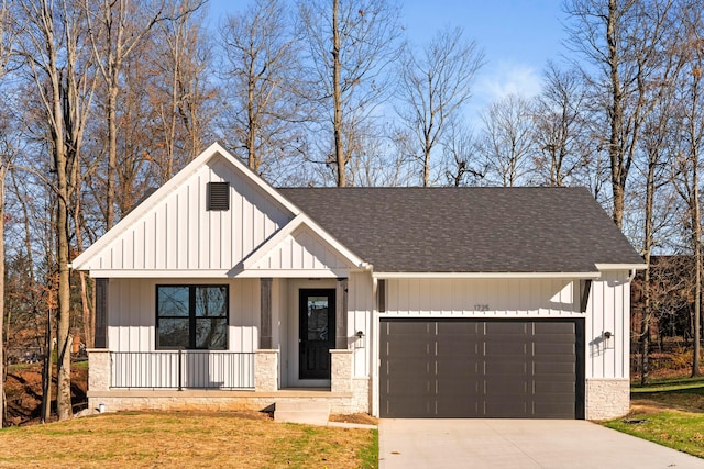 modern farmhouse with a porch, an attached garage, a shingled roof, concrete driveway, and board and batten siding