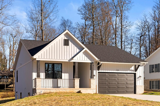 modern inspired farmhouse with a porch, a garage, driveway, roof with shingles, and board and batten siding