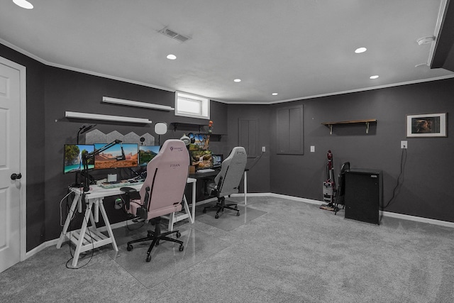 office space featuring ornamental molding, visible vents, and baseboards