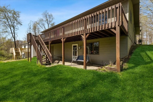 14580 Monroe Mills Rd, Mount Vernon, OH 43050 - rear view of house with a lawn, stairway, a deck, and a patio