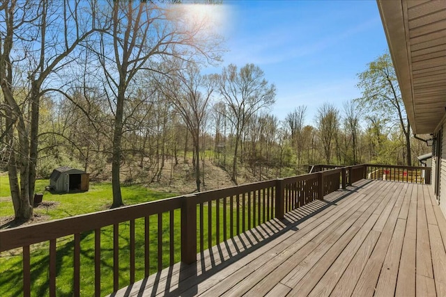 14580 Monroe Mills Rd, Mount Vernon, OH 43050 - wooden terrace with a lawn, an outbuilding, and a storage shed