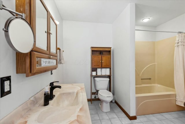 14580 Monroe Mills Rd, Mount Vernon, OH 43050 - bathroom with vanity, baseboards, shower / tub combo, toilet, and tile patterned flooring