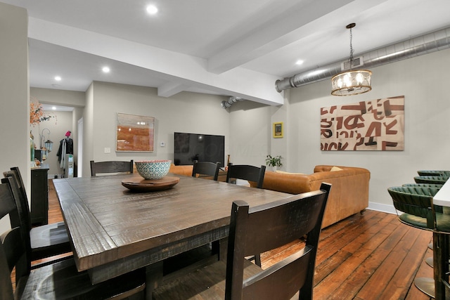 dining room with recessed lighting, dark wood-style flooring, visible vents, baseboards, and beamed ceiling