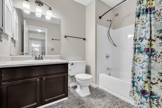 full bath with toilet, shower / tub combo, tile patterned flooring, and vanity