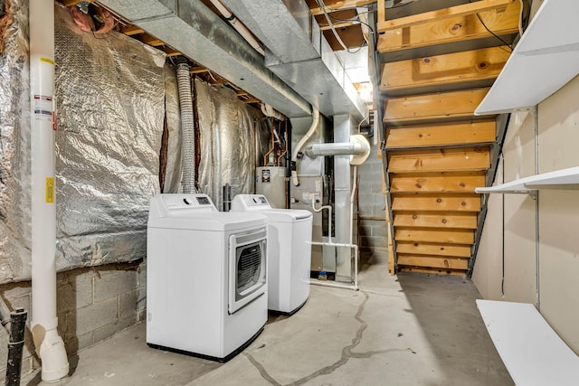 laundry room with laundry area, water heater, independent washer and dryer, and heating unit