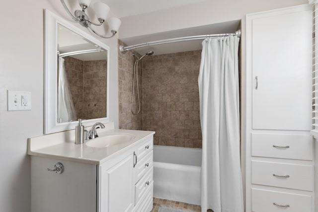 full bathroom with shower / bath combination with curtain and vanity