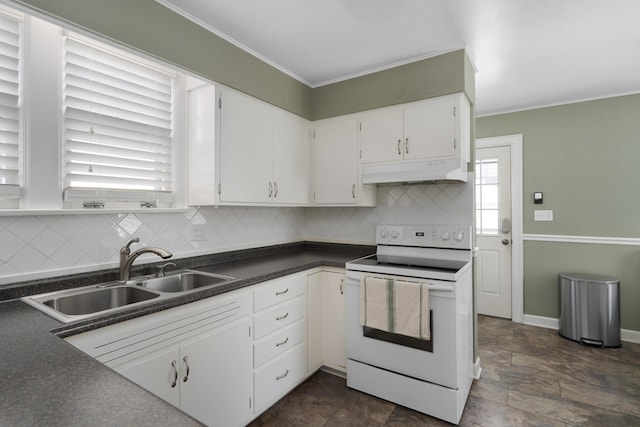 kitchen featuring electric range, white cabinets, dark countertops, under cabinet range hood, and a sink