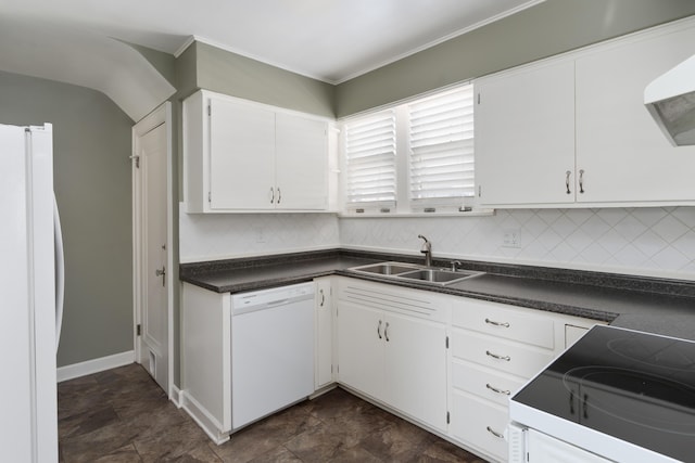 kitchen with dark countertops, white cabinets, a sink, white appliances, and extractor fan