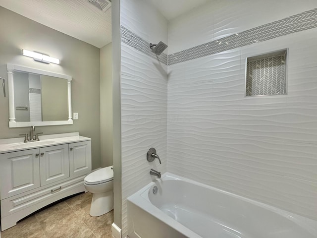 full bath with bathtub / shower combination, visible vents, vanity, and toilet