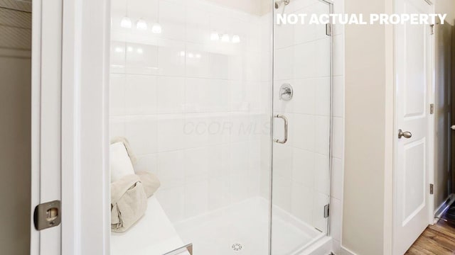 bathroom with wood finished floors and a shower stall