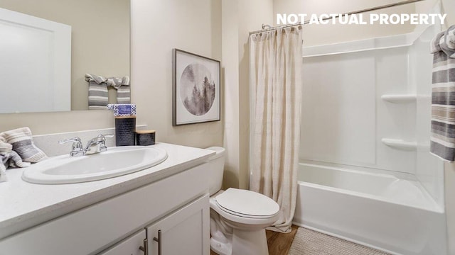 bathroom featuring toilet, shower / bathtub combination with curtain, and vanity