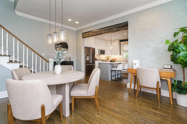 dining room with ornamental molding, recessed lighting, dark wood-style flooring, and stairs