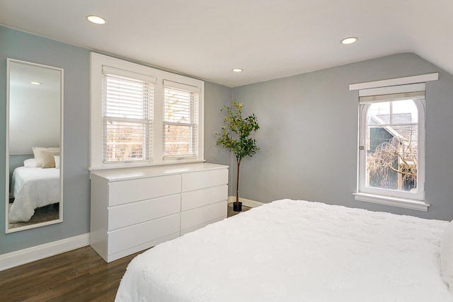 bedroom featuring vaulted ceiling, baseboards, dark wood finished floors, and recessed lighting