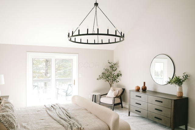 bedroom featuring a towering ceiling, light colored carpet, and access to exterior